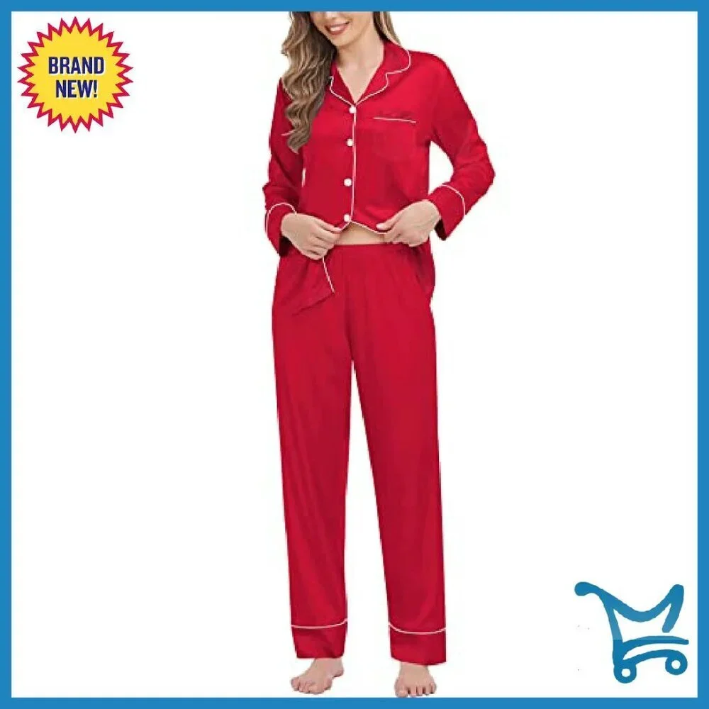 Satin Pajama Set Long Sleeve Button Down Sleepwear Lounge Pjs